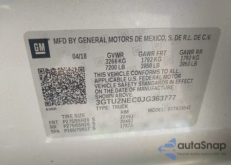2018 GMC Sierra 1500 Slt from USA, damaged, VIN 3GTU2NEC0JG363777